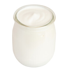 White yogurt in a small glass jar. On a blank background