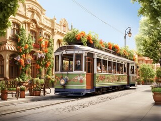 Naklejka premium Vintage Tram Rolling Through Historic City Center - AI Generated