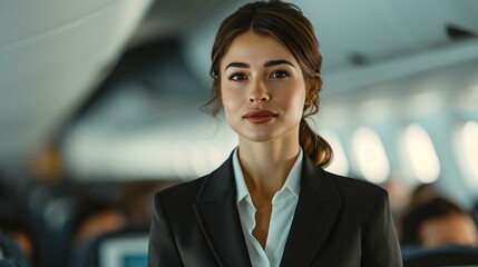 In-flight safety demonstration by a professional stewardess, ensuring passengers are informed and secure, [stewardess]
