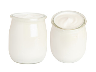 White yogurt in a small glass jar. On a blank background