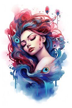 eternal dreamy woman with closed eyes, loose messy burgundy braids and peacock feathers and cherry, vibrant fibonacci spiral, play of light and shadow on her face, airy and airy wings