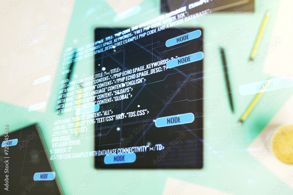Poster multi exposure of abstract programming language hologram and modern digital tablet on background, ar
