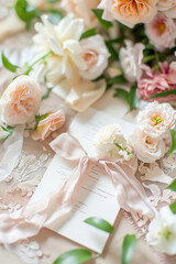Elegant wedding invitation amid soft floral arrangement.