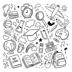 Back to school doodle on white background. school supplies element. vector illustration.