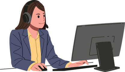 Female call center or support employee with headphone working with computer in the office illustration