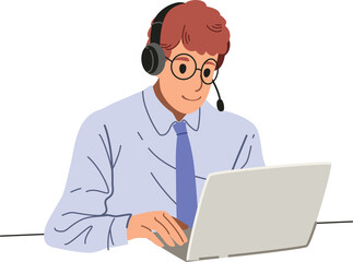 Fototapeta na wymiar Male call center or support employee with headphone working with computer in the office illustration