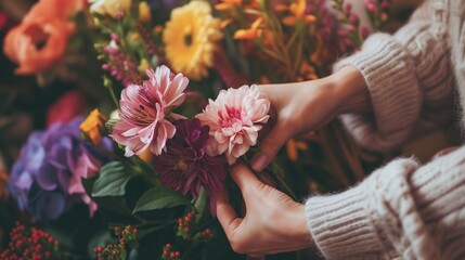 Close-up of hands gently holding and arranging pink dahlias against a colorful backdrop of assorted flowers