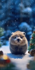 Microscopic image of kute mini bear green happiness of Christmas with icicles snowballs and tree christmas and ribbons and pine cones and pine needles and gift christmas, blurred background green