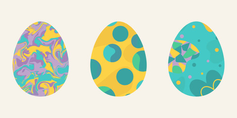 Colorful set Happy Easter of three decorated eggs. Flat style. Vector hand drawn illustration done in yellow, blue, violet colors. Isolated on beige retro paper style background
