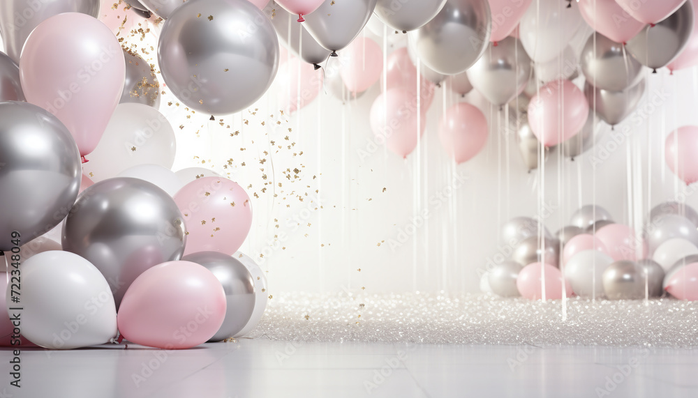 Wall mural on stage, many pink and gray balloons with confetti and gold ribbons fly in the air and lie on the f - Wall murals