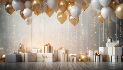 on stage there are white and gold balloons and many gifts with a gold ribbon on a background of gold sparkles and confetti, festive atmosphere, wallpaper, screensaver