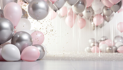 on stage, many pink and gray balloons with confetti and gold ribbons fly in the air and lie on the floor, festive atmosphere, wallpaper, background - obrazy, fototapety, plakaty
