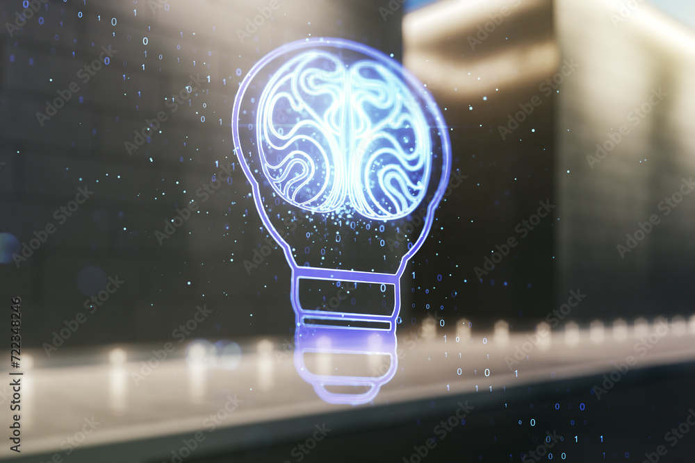 Poster abstract virtual creative light bulb with human brain hologram on contemporary business center exter