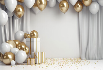 Fototapeta na wymiar on stage there are white and gold balloons and many gifts with a gold ribbon on a background of gold sparkles and confetti, festive atmosphere, wallpaper, screensaver