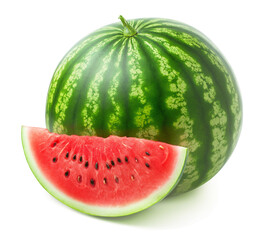 Whole watermelon with a fresh slice against white background