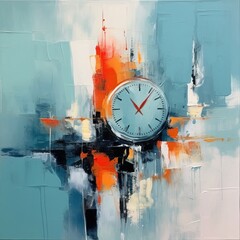 Striving individual, Clock or hourglass, Cityscape in motion, Office or workspace, minimalist aesthetic, dynamic contrast, vibrant energy, Chinese style, pale blue, dull gray, vibrant orange
