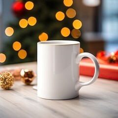 white mug empty on a desk, next to it there is christmas decoration, christmas colors