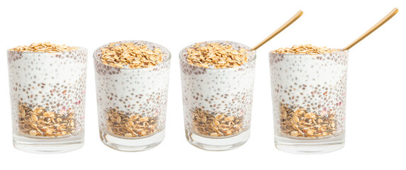 Set of yogurt jars with muesli, oatmeal and chia seeds. On a blank background
