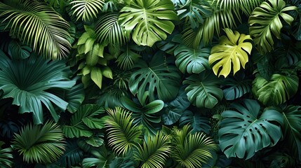 A backdrop of tropical plants in full green, in the style of moody monotones. Generative AI.