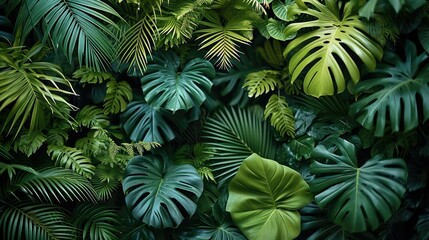A backdrop of tropical plants in full green, in the style of moody monotones. Generative AI.