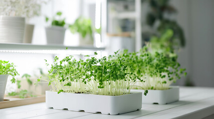 Fresh microgreens growing in planter, illuminated by a grow light - obrazy, fototapety, plakaty
