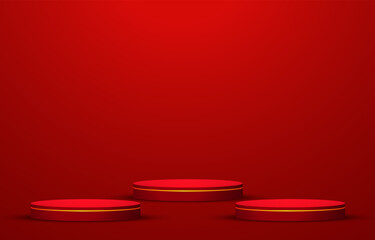Red realistic 3D cylinder pedestal podium with glowing light semi circle backdrop. Red minimal wall scene for products showcase, Promotion display. Vector abstract studio room with geometric platform.