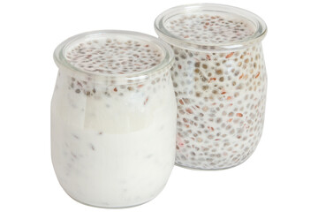 Set of jars of yogurt with chia seeds in a glass jar. On a blank background