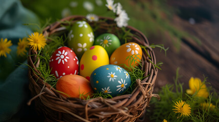 Fototapeta na wymiar Banner. Easter eggs, feathers in a nest on a blue wooden background.
