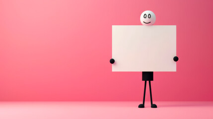 Smiley stickman character holding a blank white sign against a pink background. copy space - obrazy, fototapety, plakaty