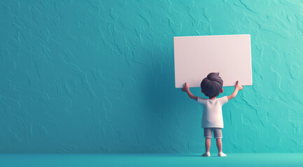 A young cartoon child stands before a textured blue wall, holding up a large blank whiteboard. Copy Space - obrazy, fototapety, plakaty