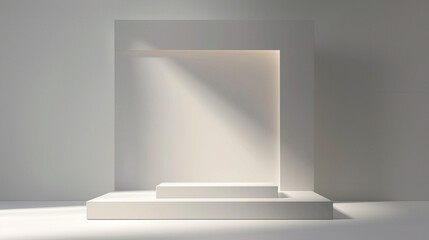 A three-dimensional contemporary exhibition stage, designed for product presentation Features a minimalist platform with elegant geometric structures, spotlight illumination, and a clean, white