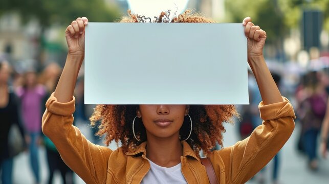 A Proud Black Woman American Holding Up A Blank White Sign, Very Civilized, Standing In Front Of A Peaceful Crowd. Generative AI.