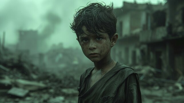 Frame a powerful scene that depicts the impact of war on children, conveying the profound loss of innocence in the midst of conflict. ,[horrors of war]
