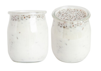 Set of jars of yogurt with chia seeds in a glass jar. On a blank background