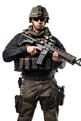 Fototapeta premium Armed Soldier Ready for Action, AI Generated