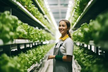 Cheerful female farmer caring for lettuce in a hydroponic indoor farm - obrazy, fototapety, plakaty