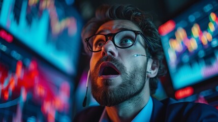 A dramatic shot of a stockbroker reacting to market fluctuations, with a background of fluctuating charts and graphs, emphasizing the emotional rollercoaster of the stock market. [ - obrazy, fototapety, plakaty