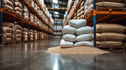 A warehouse with bulk rice bags in a distribution center. Generative AI.