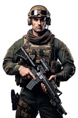 Fototapeta premium Armed Soldier Ready for Action, AI Generated