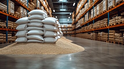 A warehouse with bulk rice bags in a distribution center. Generative AI. - obrazy, fototapety, plakaty