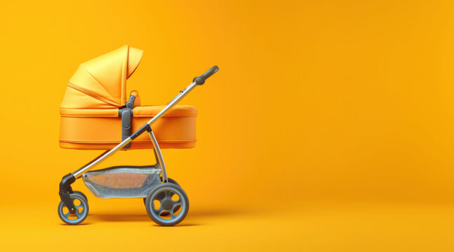 Closeup baby stroller on isolated yellow background with space for copy