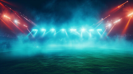 A dynamic soccer field center under neon lights, intense match action, foggy and atmospheric,...