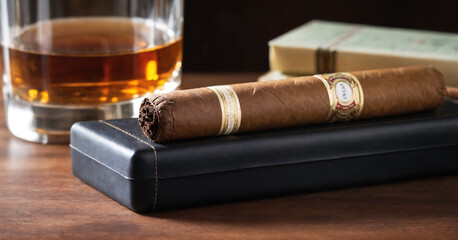 A luxurious Cuban cigar resting on a vintage wooden table, accompanied by whiskey and cognac, evoking a sense of indulgence and relaxation.