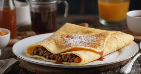 A close-up view of a stack of delicious homemade crepes topped with savory minced beef and a rich sauce, served on a rustic wooden table.