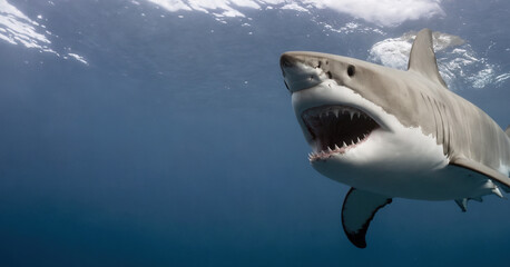 Great white shark with menacing teeth prowling the depths of the ocean.