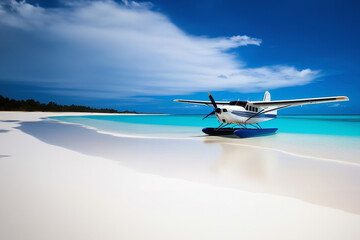 Sea plane at tropical beach resort. Landing Seaplane. Airplane flying over blue sea as a travel concept with copy space