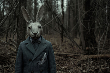 A surreal figure with a rabbit head wearing a suit stands in a desolate forest, creating an unsettling and mysterious atmosphere.

