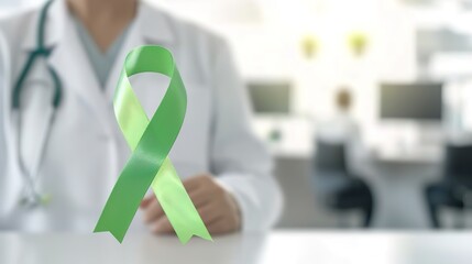 World Bipolar Day, healthcare professional holding green mental health awareness ribbon, empathy and support medical community, health awareness campaigns, medical seminars, therapeutic services