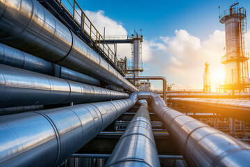 An intricate network of industrial pipelines at an oil and gas refinery under a clear sky.