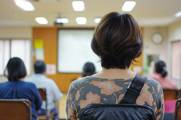 An adult student focused on a presentation in a classroom setting, highlighting lifelong learning and development.

